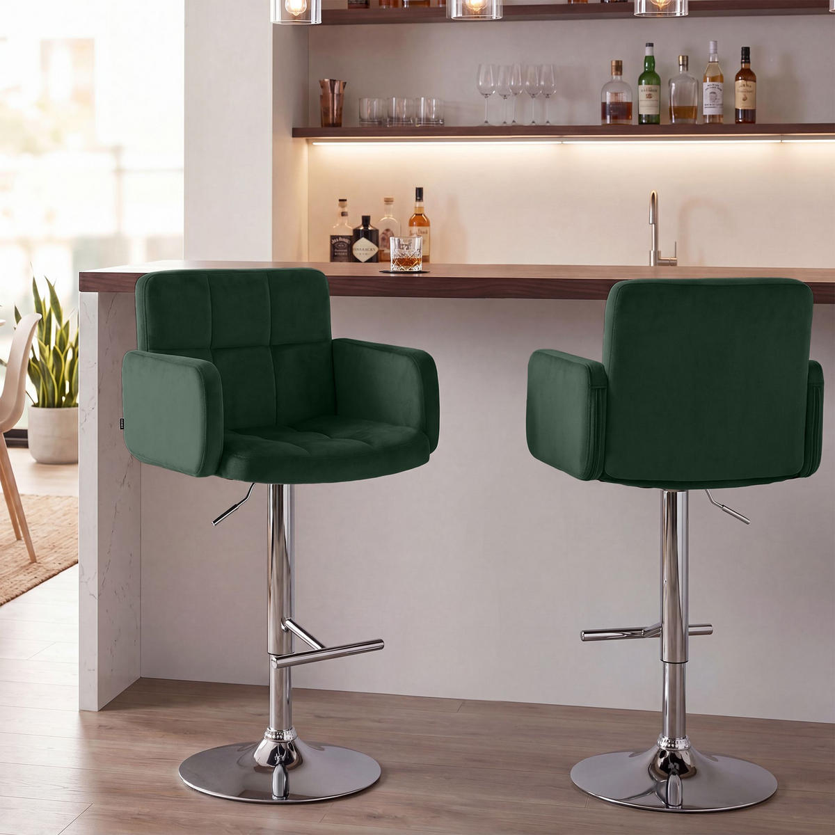BARHOCKER 2 Samt Dunkelgrün - Chromfarben/Dunkelgrün, Textil/Metall (60/93/56cm) - CLP