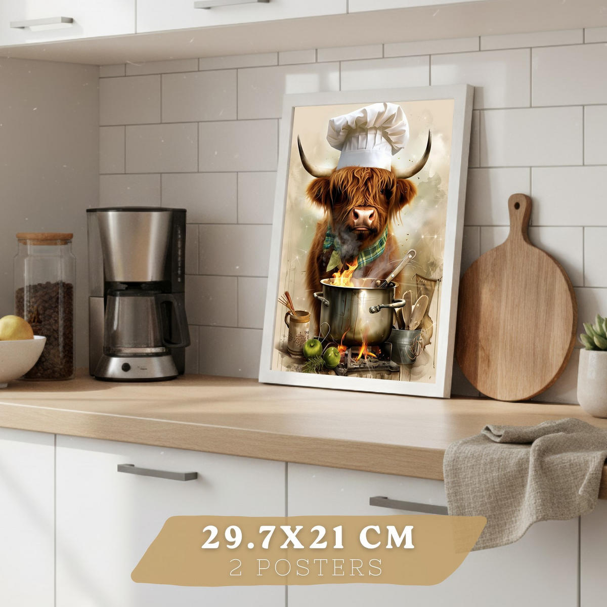 PLAKAT Sada 4 Zvířata vařící A4 Bílý rám - bílá, papír (29.7/1/21cm) - Nacnic
