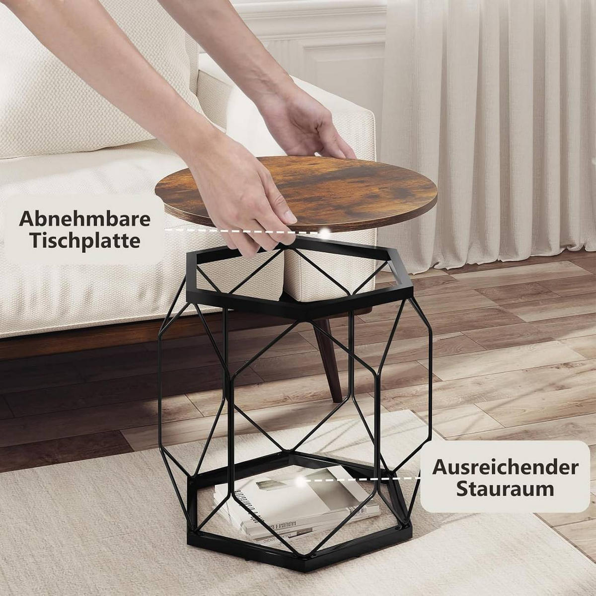 COUCHTISCH 2er Set, rund, Rustikales Braun - Dunkelbraun/Schwarz, Holzwerkstoff/Metall (50/50/45cm) - Woltu