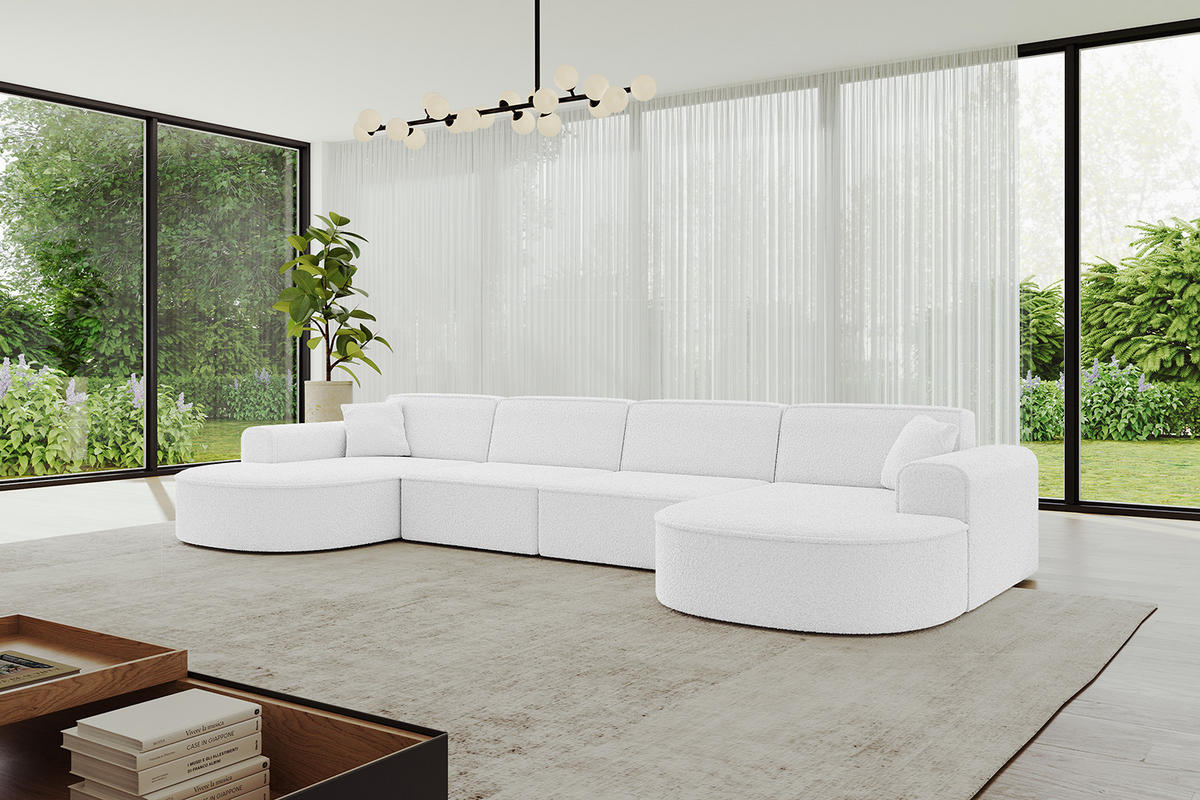 WOHNLANDSCHAFT MARI-U2 - 380x163x73,5 cm Weiß Bouclé - Schwarz/Weiß, Holzwerkstoff/Kunststoff (380/73.5/163cm) - ALTDECOR