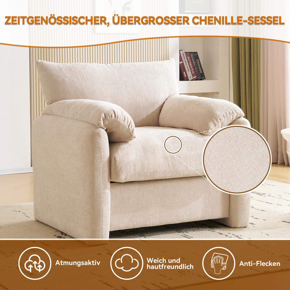 SESSEL 96/82/84 cm in Beige aus Chenille mit breiter Sitzfläche - Beige, Textil (82/84/96cm) - Flora Grace