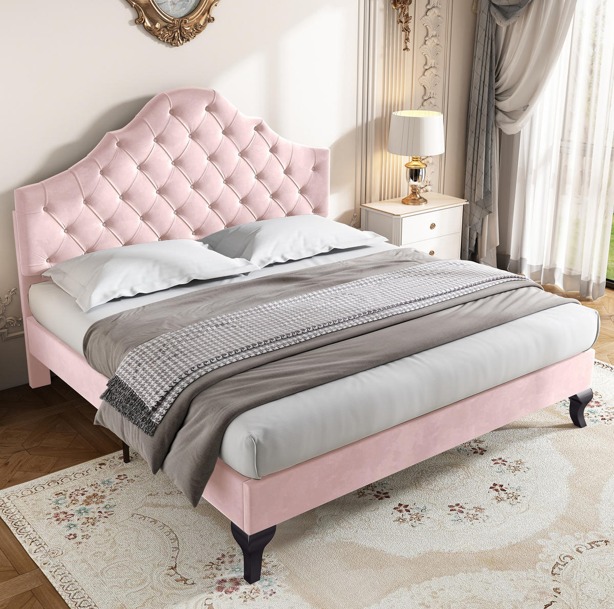POLSTERBETT aus Samt 140x200 cm Rosa mit höhenverstellbarem Kopfteil und Lattenrost - Rosa, Textil (140/200cm) - IVMEU