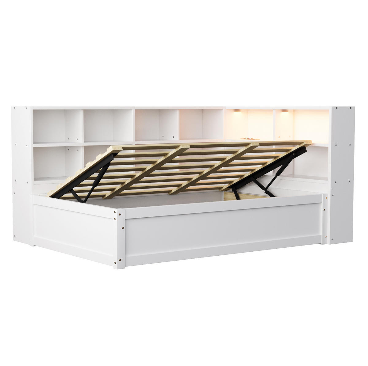 BETT 90/200 cm aus Holz mit Stauraum, LED-Beleuchtung und Steckdose, Weiß - Weiß, Holz (90/200cm) - Flora Grace