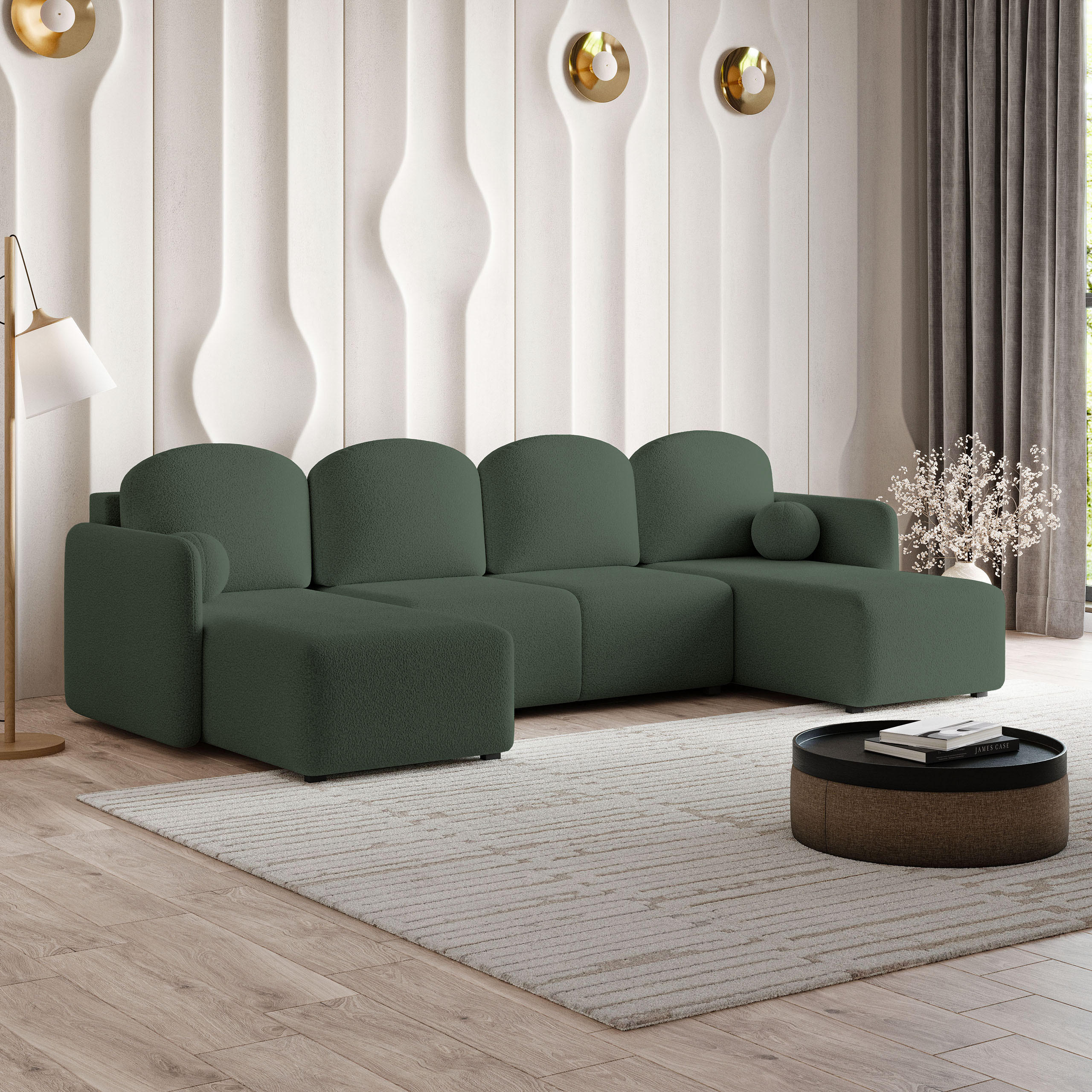 WOHNLANDSCHAFT NUBERO Grün Boucle-Stoff mit Schlaffunktion - Grün, Holz (285/85/143cm) - MASSENO
