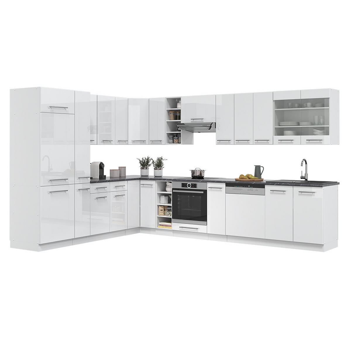 ECKKÜCHE Fame-Line Weiß Hochglanz/Weiß 347 x 257 cm ohne AP - Weiß Hochglanz/Weiß, Holzwerkstoff (347/81.6/46cm) - Vicco