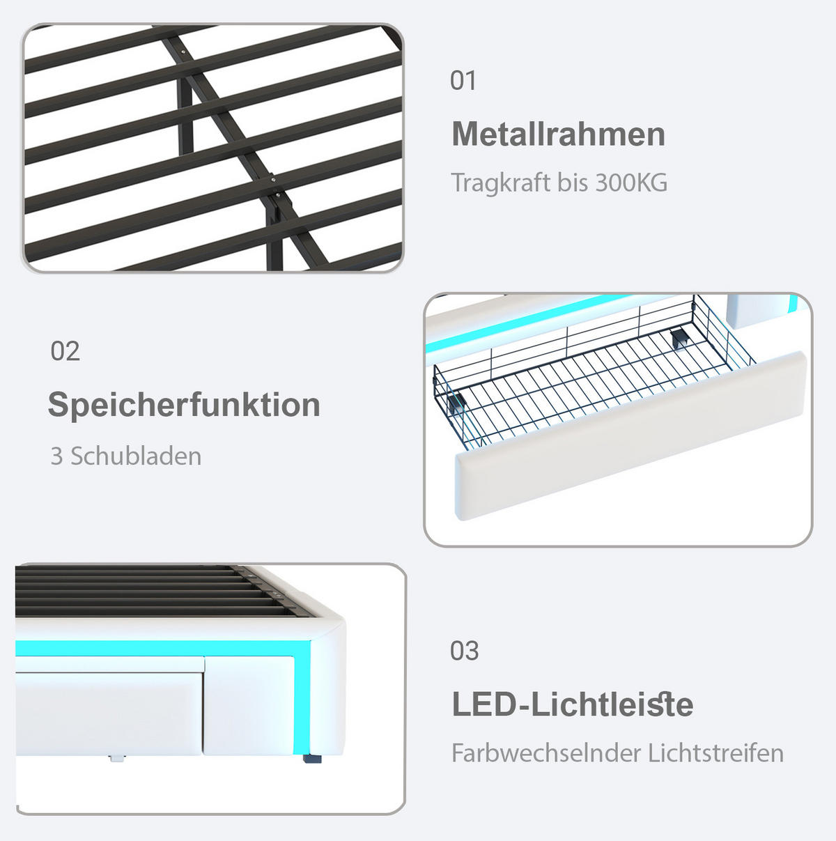 POLSTERBETT 90/200 cm mit Schubladen, LED-Lichtleiste und Metallrahmen, Weiß - Weiß, Textil (90/200cm) - Redom