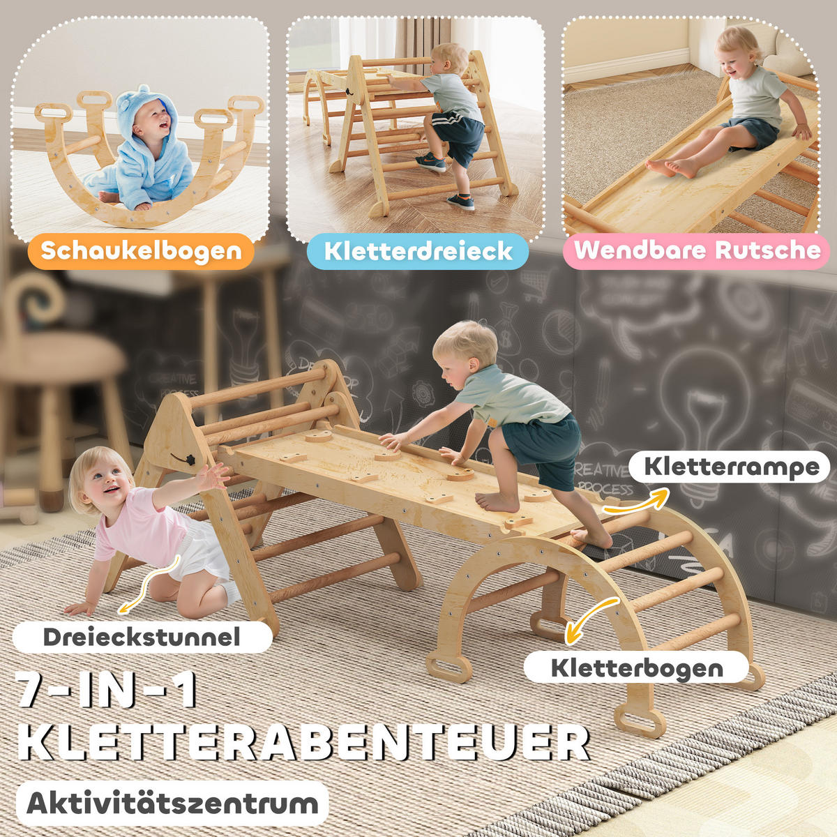 MONTESSORI-KLETTERGERÜST Holz Kletterdreieck mit Kletterbogen 7-in-1 - Naturfarben, Holz (70/59/188cm) - AIYAPLAY