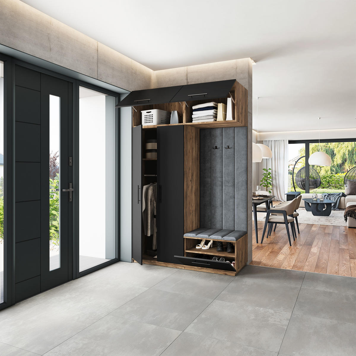 GARDEROBENSCHRANK REMA 150/240/60 cm Modern Garderobe-Set Eiche Lefkas - Eichefarben/Schwarz, Holzwerkstoff (150/240/60cm) - MASSENO