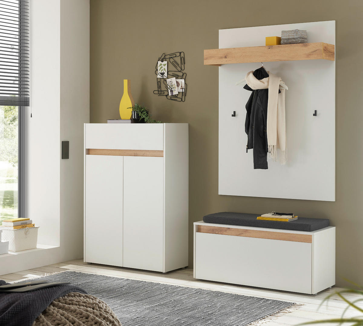 SCHUHSCHRANK weiß matt, Eiche Wotan, Flurkommode 85 x 122 cm - Eiche Wotan/Schwarz, Holzwerkstoff/Kunststoff (85/122/122cm) - Furn.Design