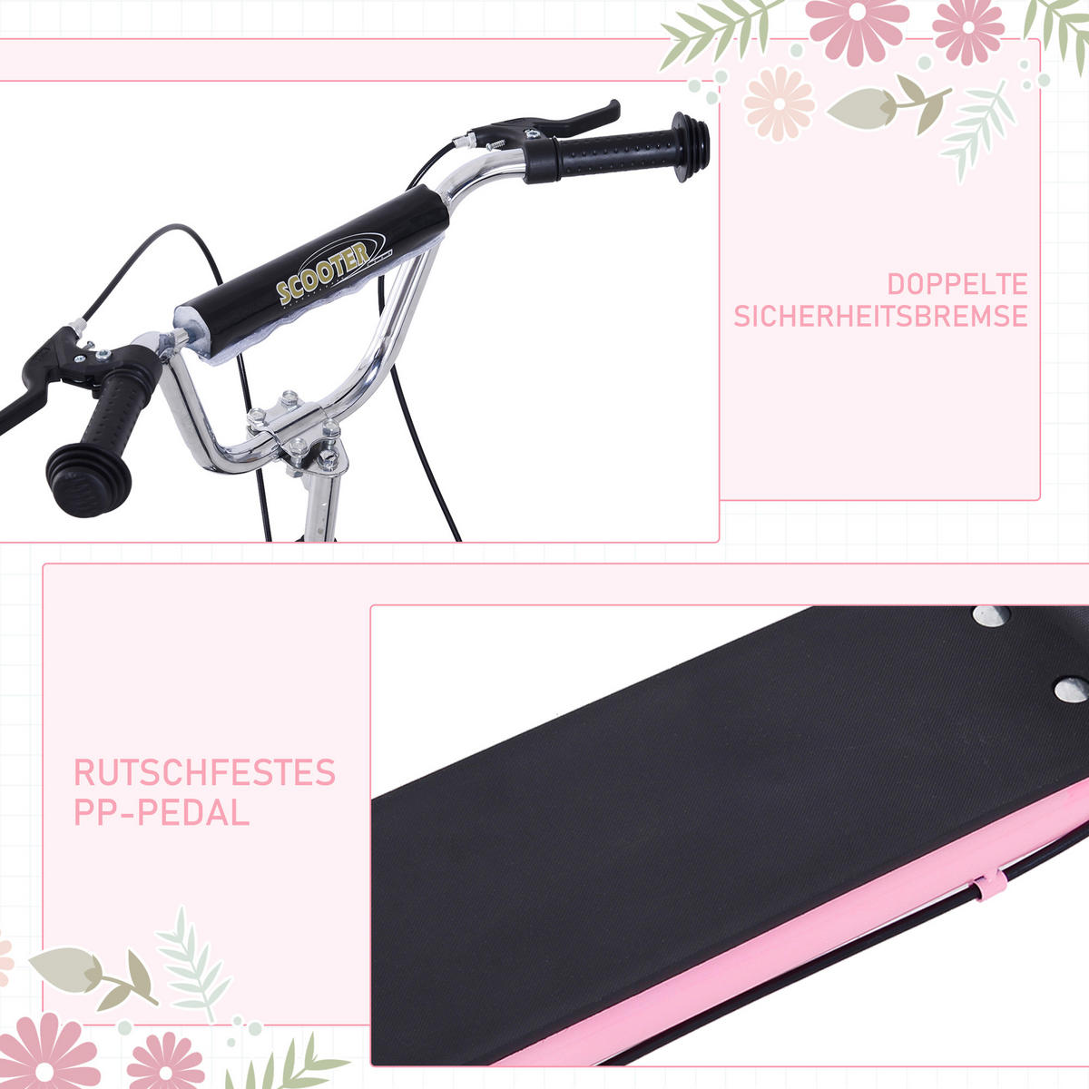 KINDERROLLER, Schwarz/Rosa, Stahl+ Gummi - Rosa, Metall (135/58/100cm) - HOMCOM