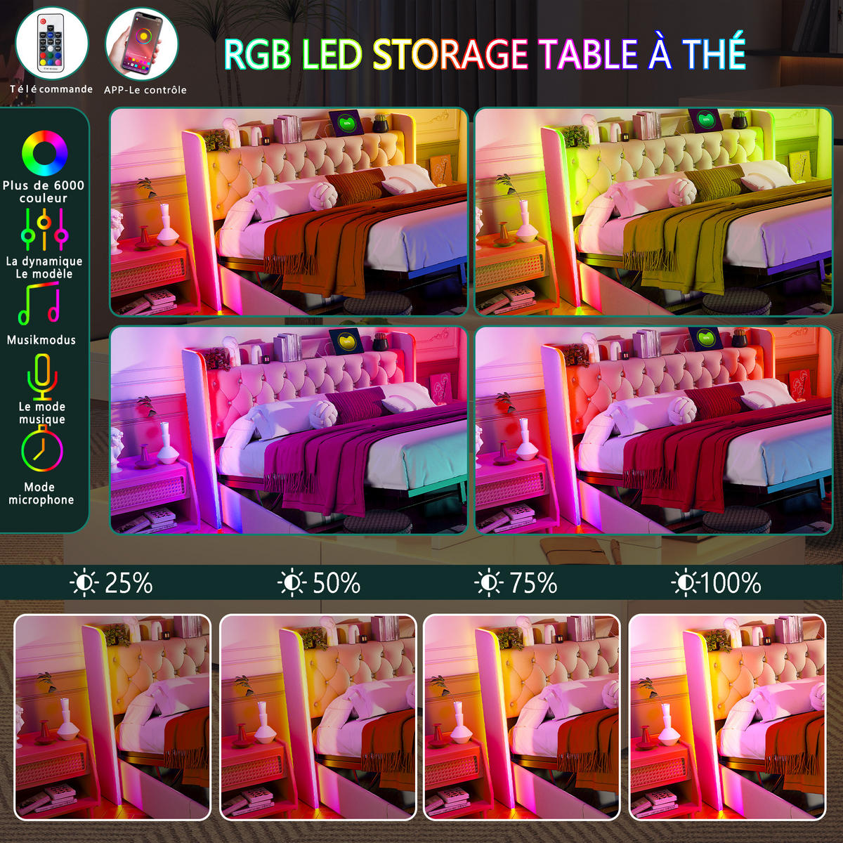 POLSTERBETT 160x200 cm LED USB C Stauraum Lattenrost Samt beige - Beige, Holz (160/200cm) - LEBENLANG