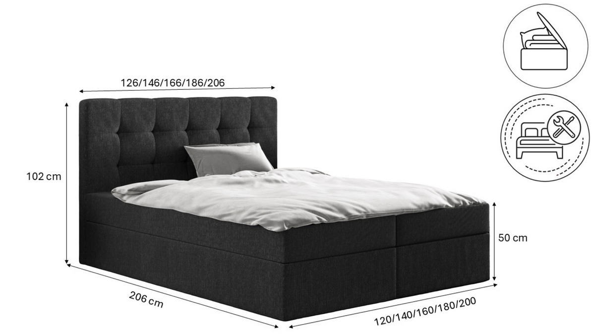 BOXBETT Mit Matratze Und Bettkasten, LUDANO Stoff Sydney Schwarz 200x200 cm H2-Pocket - Schwarz, Holz (200/200cm) - Kaiser Möbel