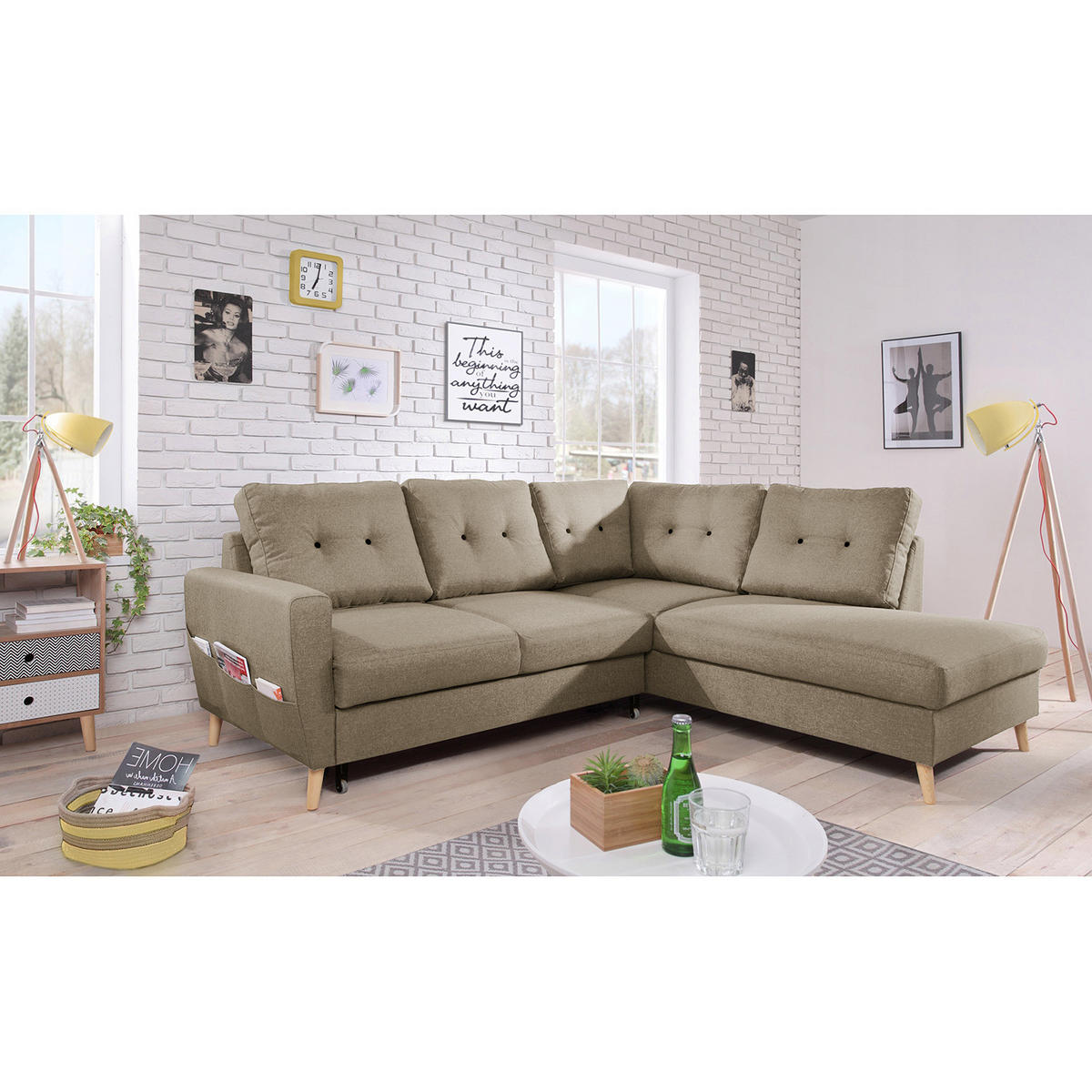 ECKSOFA mit Ottomane - Webstoff - Hellbraun/Cappuccino, Textil (230/200cm) - home24