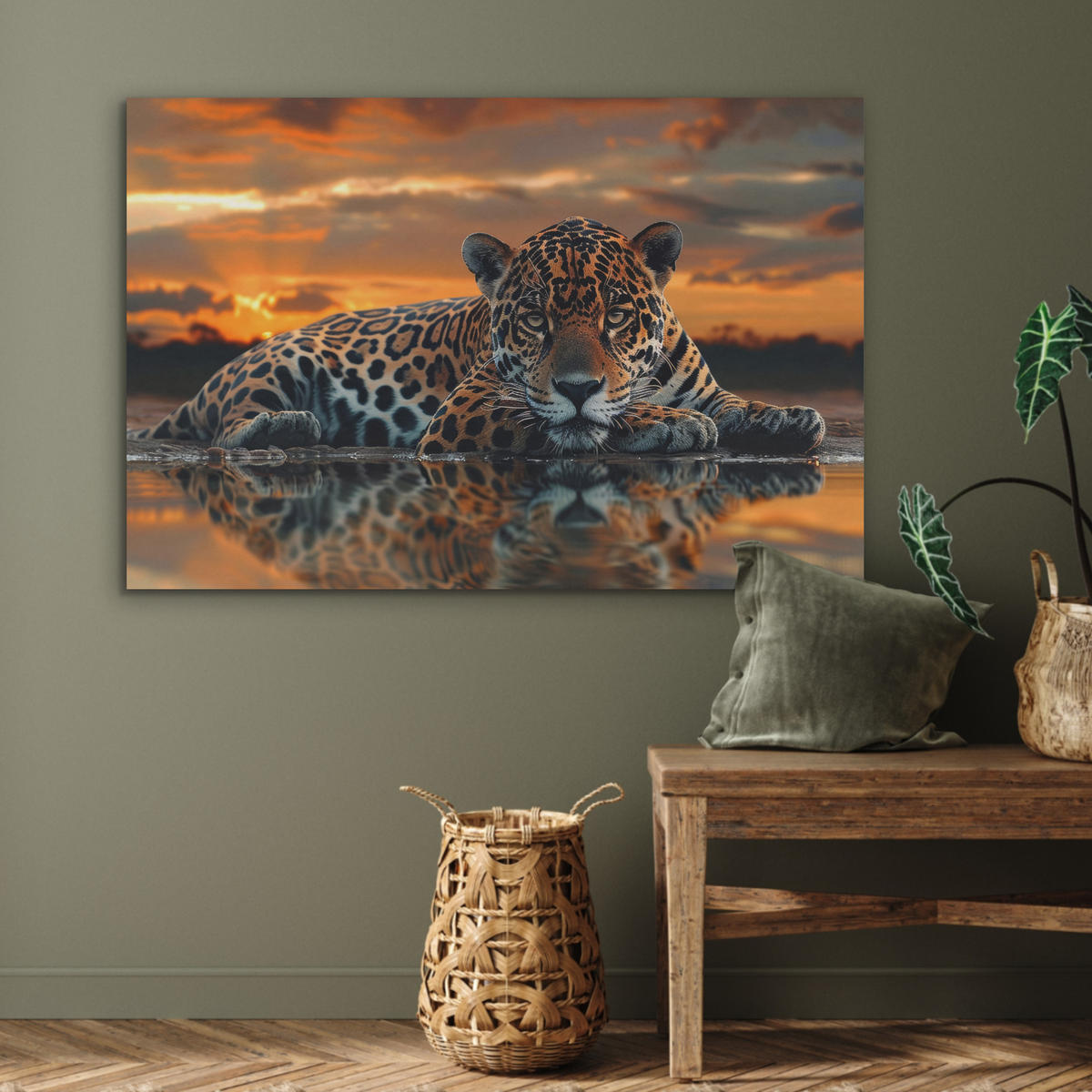 AKUSTIKBILD Natur - Leopard - Tier - Sonnenuntergang - Modern Akustikpaneele 90x60 cm - Orange, Kunststoff (90/60/0.9cm) - MuchoWow