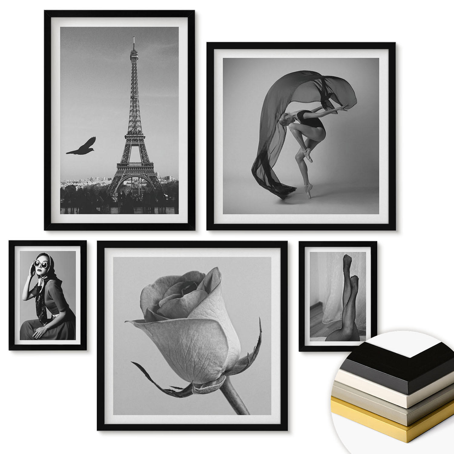 WANDBILDER 5er-Set - 50x50 cm & 20x30 cm & 40x60 cm Schwarzer Rahmen - Stilvolle Porträts eleganter Frauen - Schwarz, Kunststoff (40/60cm) - ArtPrintCave