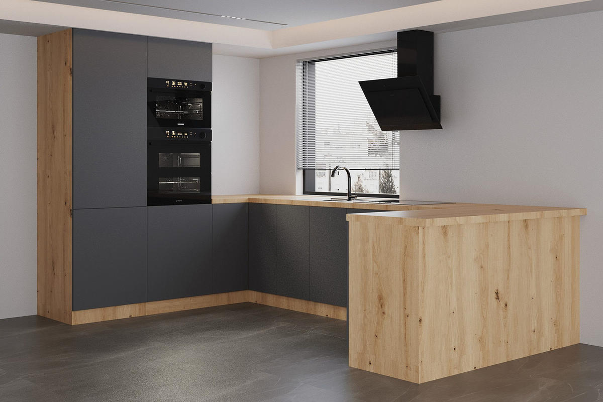 ECKKÜCHE 210 x 320 x 150 cm – Nexa K103-G680 – in Grau / Matt - Schwarz/Grau, Holz/Metall (320/212/58cm) - ROYAL24_MARKT