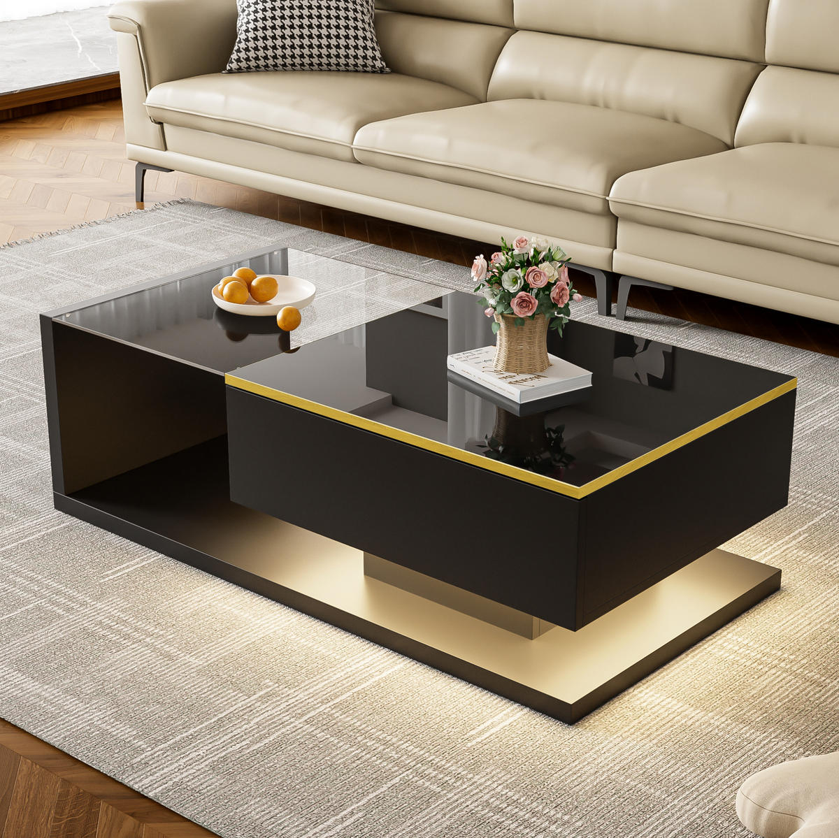COUCHTISCH 100/50/32,5 cm in Hochglanz-Schwarz mit Glas und LED-Beleuchtung - Schwarz, Holzwerkstoff (100/50/32.5cm) - Flora Grace