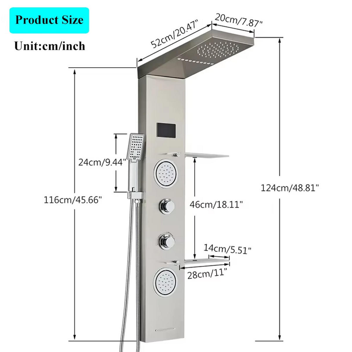 ÜBERKOPFBRAUSESET LED Mit Digitalanzeige, Gebürstetes Nickel - Silberfarben, Metall (20/124/52cm) - Kaket