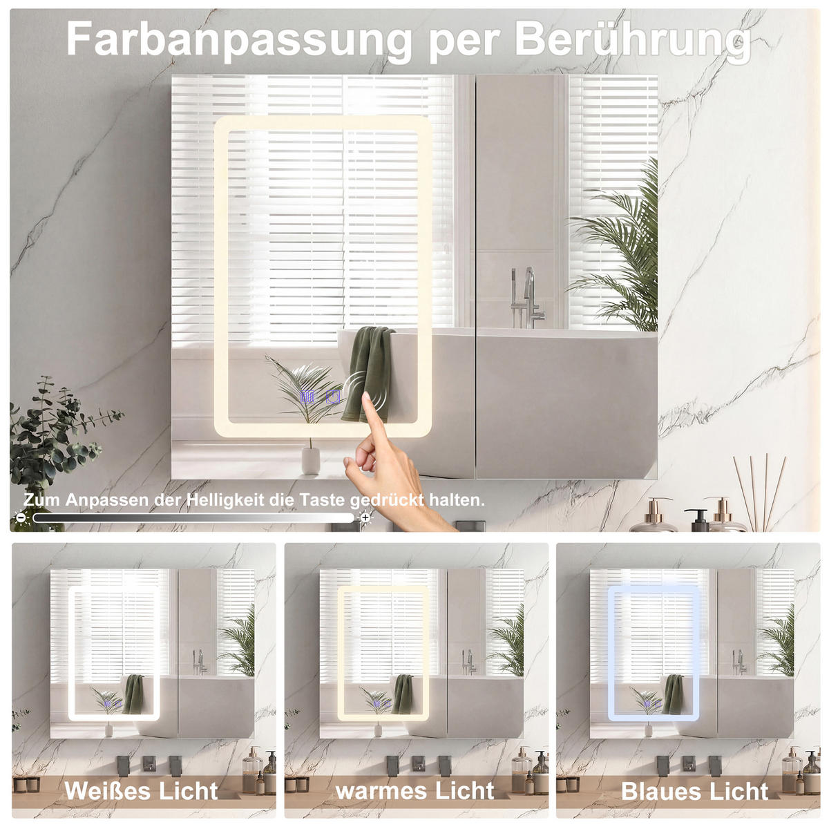 SPIEGELSCHRANK Weiß 70x60cm mit 3 Lichtfarben & Antibeschlag - Weiß, Glas (70/60/13.5cm) - SHOPENTRA