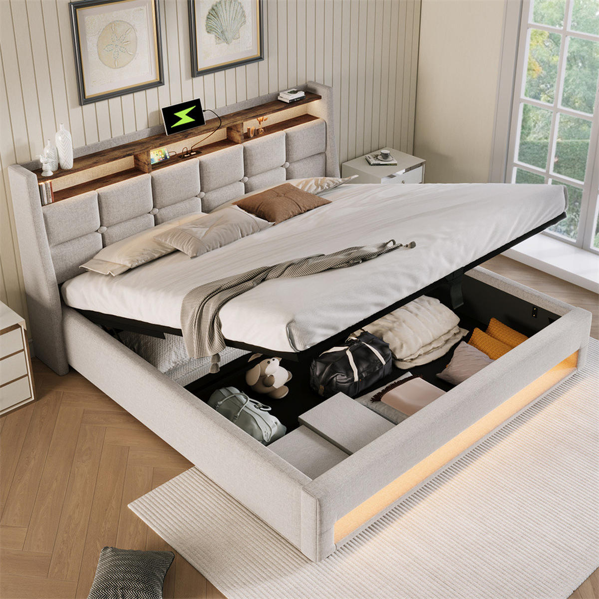 POLSTERBETT 140/200 cm in Linen mit USB - Beige, Holz/Textil (140/200cm) - KOMHTOM