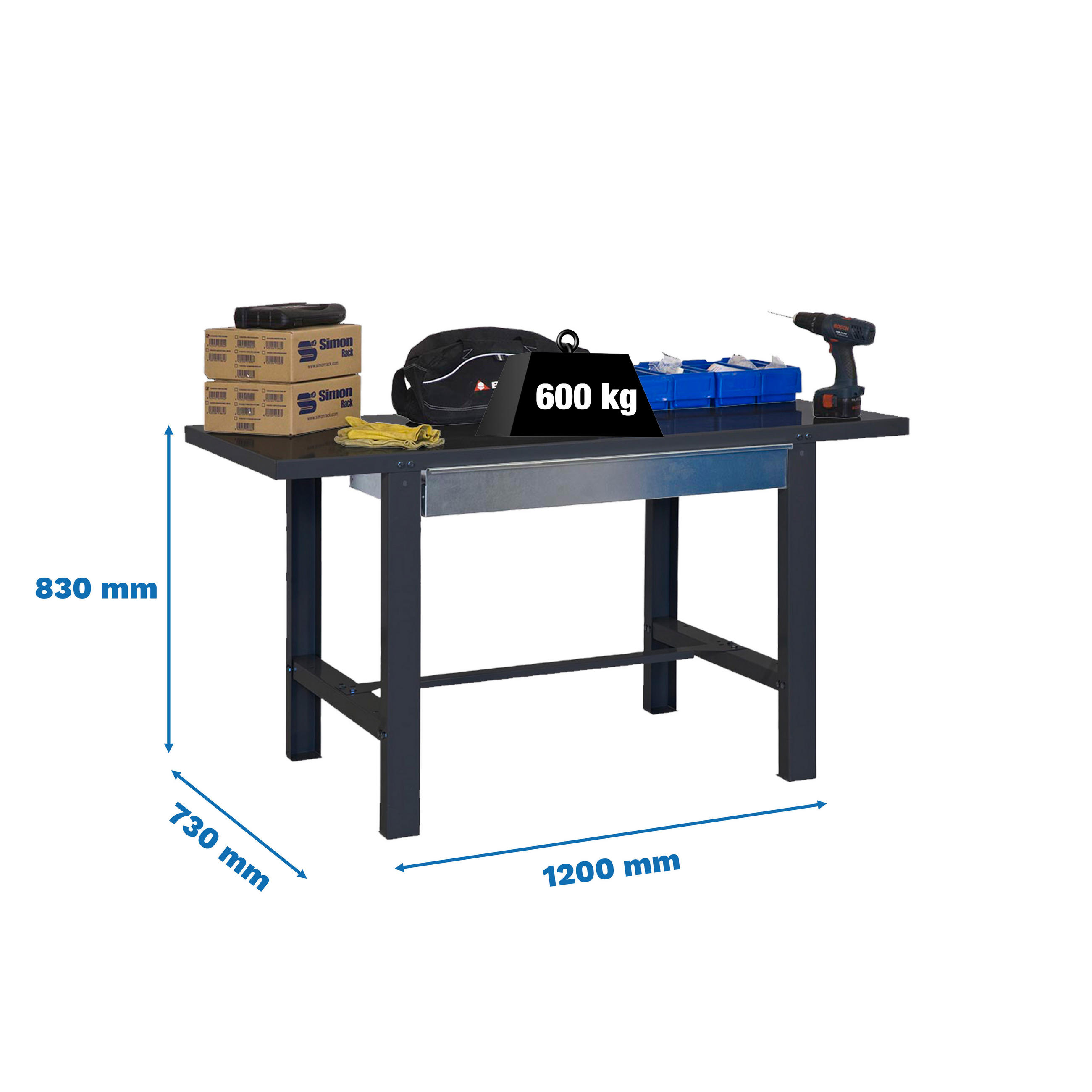 WERKBANK BUFFALO METAL mit Schublade | HxBxT 83x120x73cm | Traglast 600kg | Anthrazit - Anthrazit, Metall (120/83/73cm) - PROREGAL