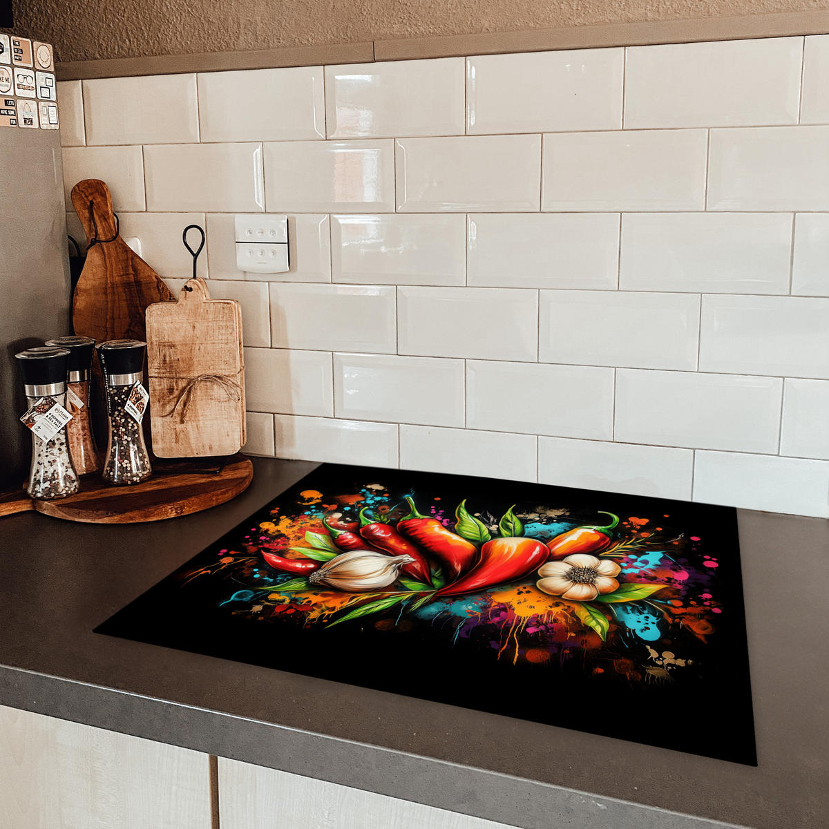 HERDABDECKPLATTE Gemüse - Paprika - Knoblauch - Graffiti - Farbe - Bunt Herdabdeckung Induktionsfeld 65x52 cm - Rot, Kunststoff (65/52/0.2cm) - MuchoWow