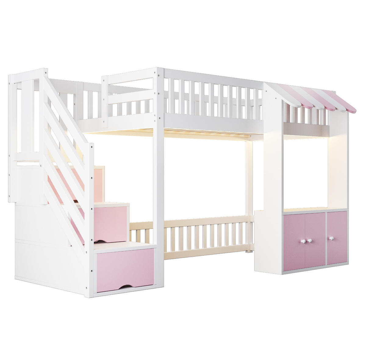 HOCHBETT aus Kiefernholz 90x200 cm Weiß/Rosa mit Stauraumtreppe und LED-Beleuchtung - Weiß, Holz (90/200cm) - IVMEU