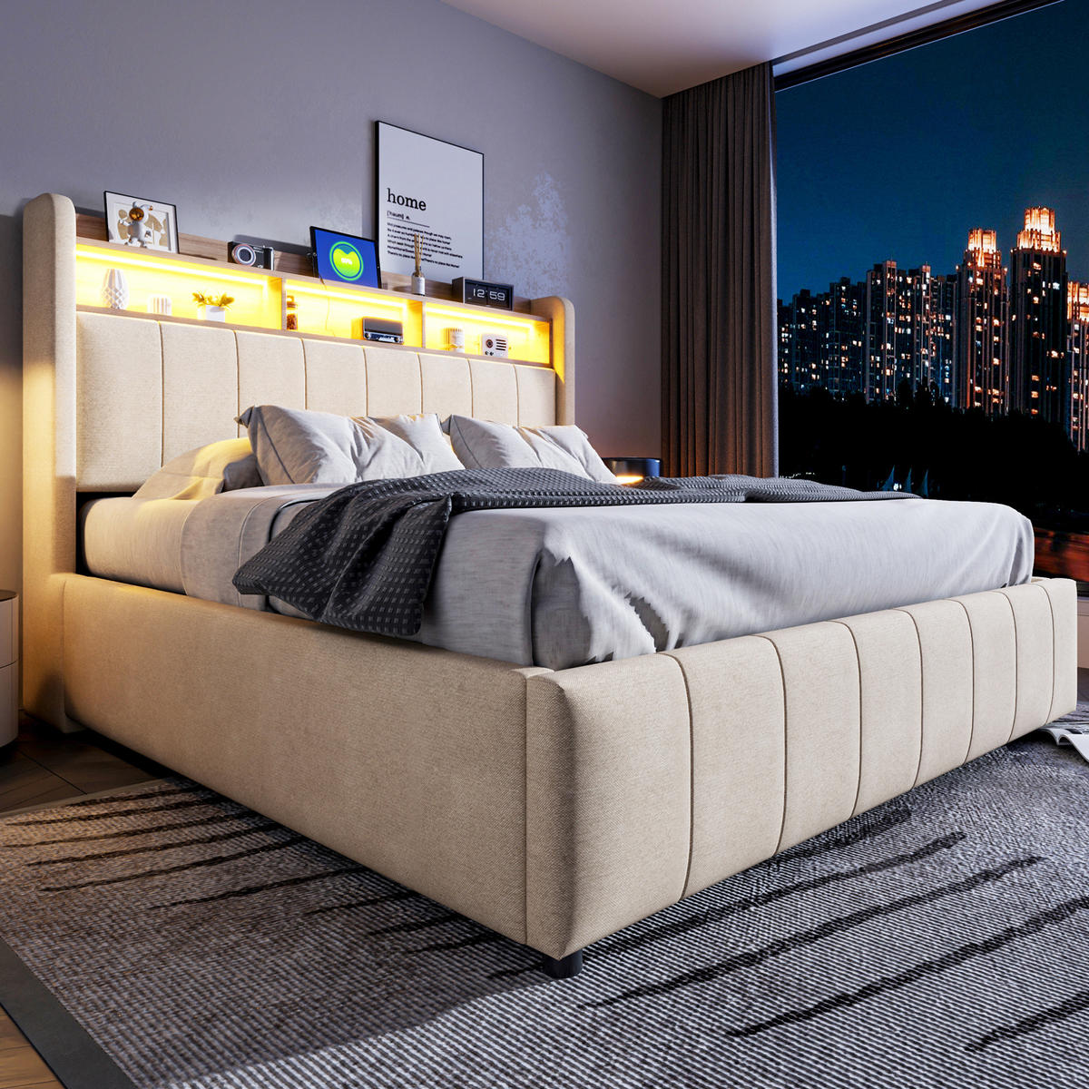 POLSTERBETT 160/200 cm mit Bettkasten, LED-Beleuchtung und gepolstertem Kopfteil - Beige, Textil (160/200cm) - BEAOK