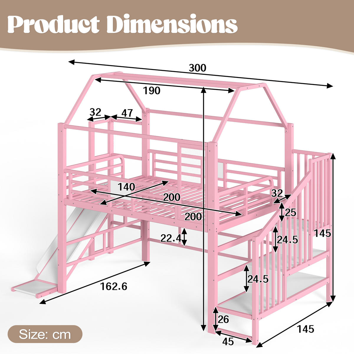 HOCHBETT 140/200cm mit Rutsche, LED/Treppe, Metall, Rosa - Rosa, Metall (140/200cm) - LVHOM