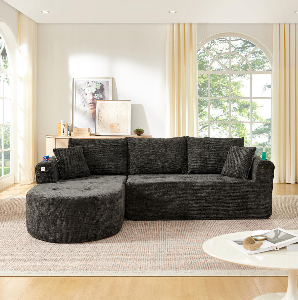 ECKSOFA L-Form Schwarz mit Becherhalter und Seitentaschen - Schwarz, Textil (170/255cm) - Meubliv
