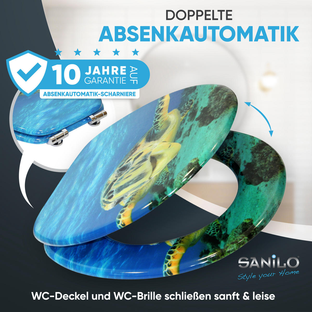WC-SITZ mit Absenkautomatik Schildkröte - Blau, Holzwerkstoff (38/6/47cm) - Sanilo