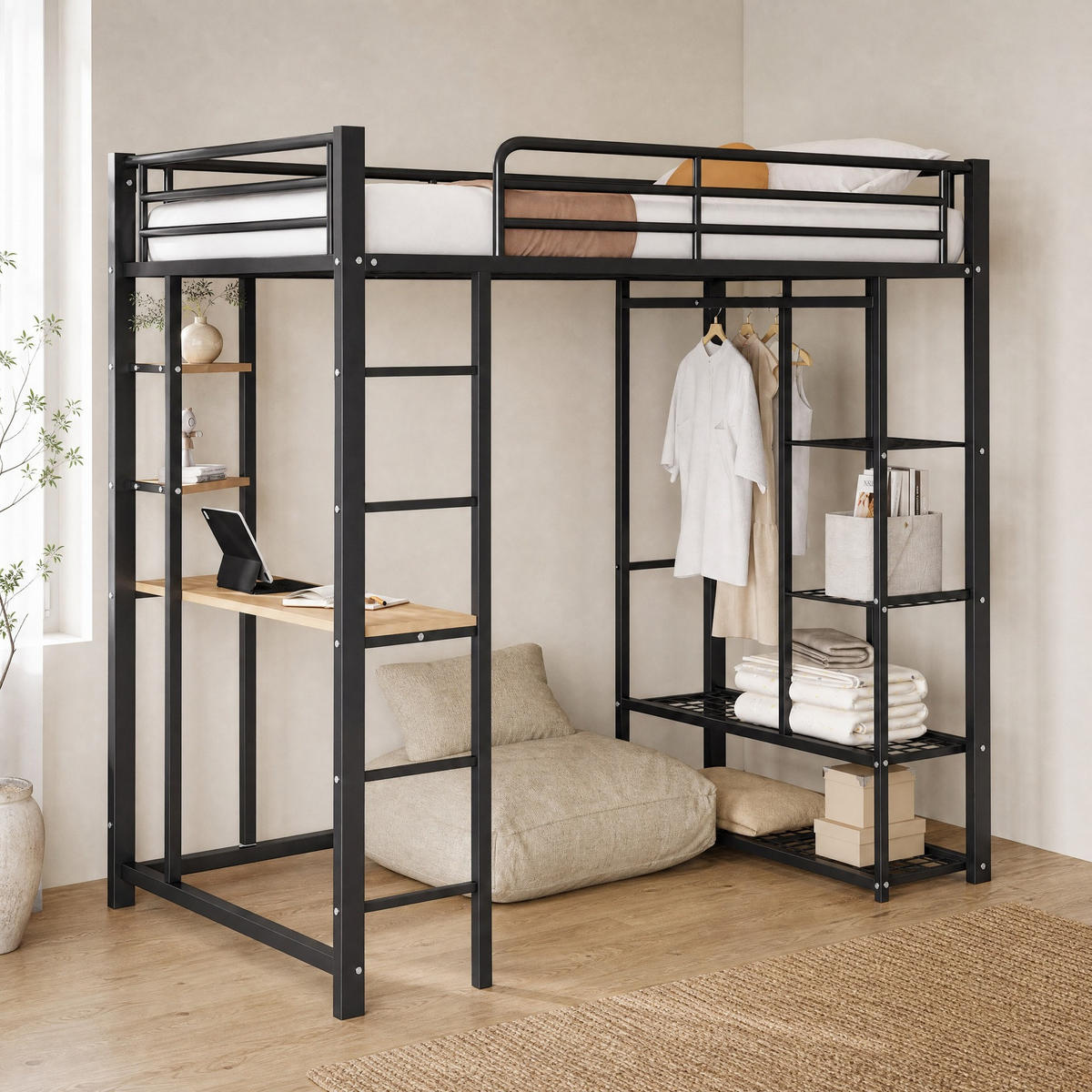 HOCHBETT 90/200 mit Schreibtisch, Ablagefächern und Kleiderstange in Schwarz - Schwarz, Holz/Metall (90/200cm) - EVRYAE
