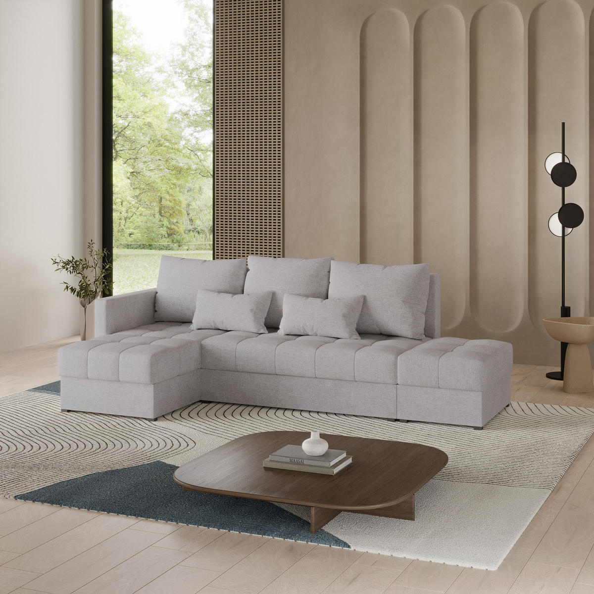 ECKSOFA LUMARI L-S Hellgrau Plüsch-Stoff mit Schlaffunktion - Hellgrau, Holz (262/143cm) - MASSENO