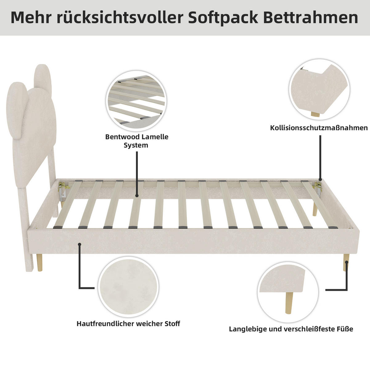POLSTERBETT 90x200 cm Cartoon ohne Stauraum beige - Beige, Textil (90/200cm) - LEBENLANG