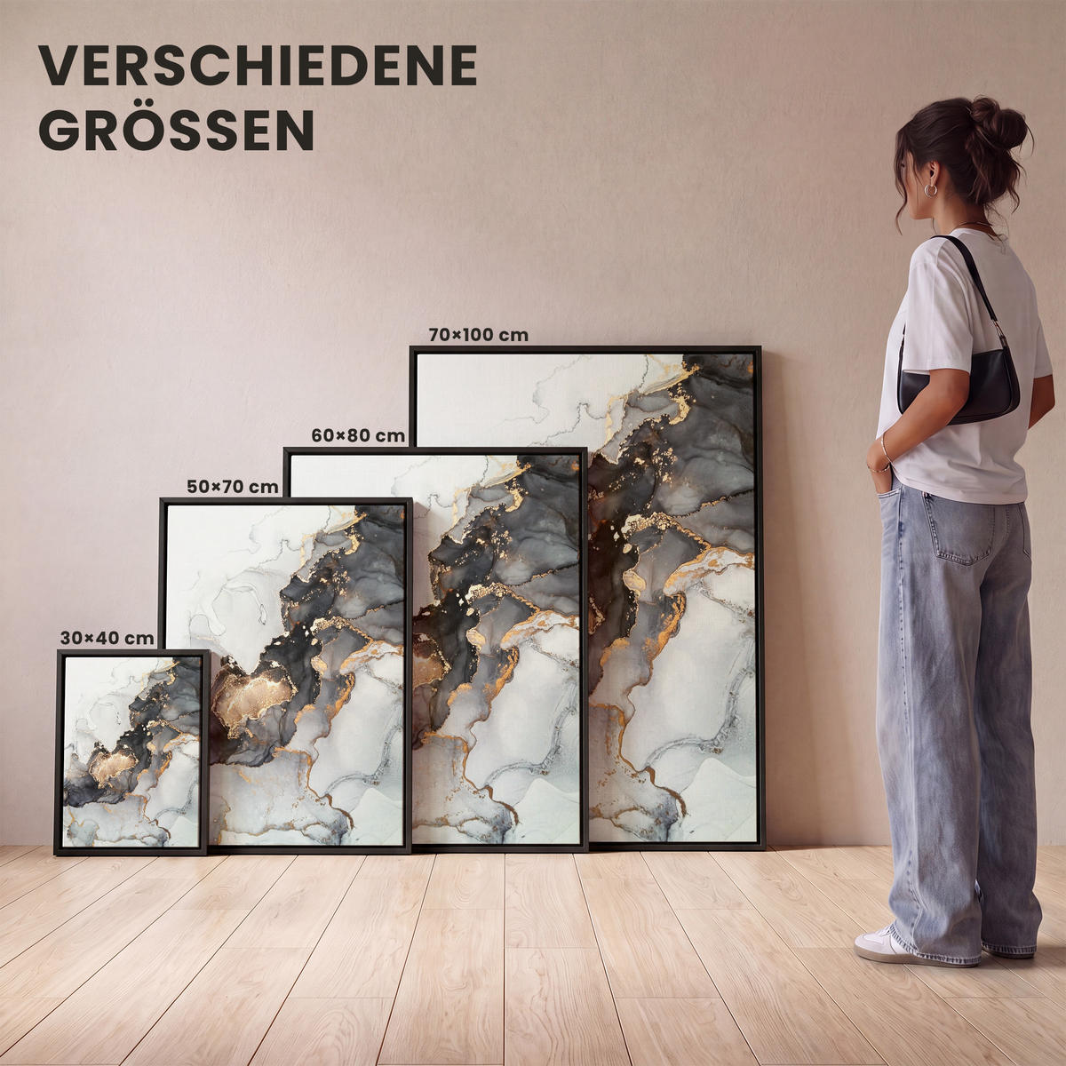 LEINWAND Bilder mit Rahmen - Marmor - Schwarz - Weiß - Gold - Luxus - Abstrakt - 30x40 - Goldfarben, Textil (30/40cm) - MuchoWow