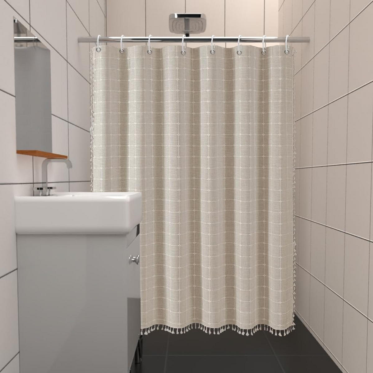 DUSCHVORHANG Beige kariert Boho Leinen Polyester dekorativ mit Haken - Weiß, Textil (90/180cm) - MCBOSON