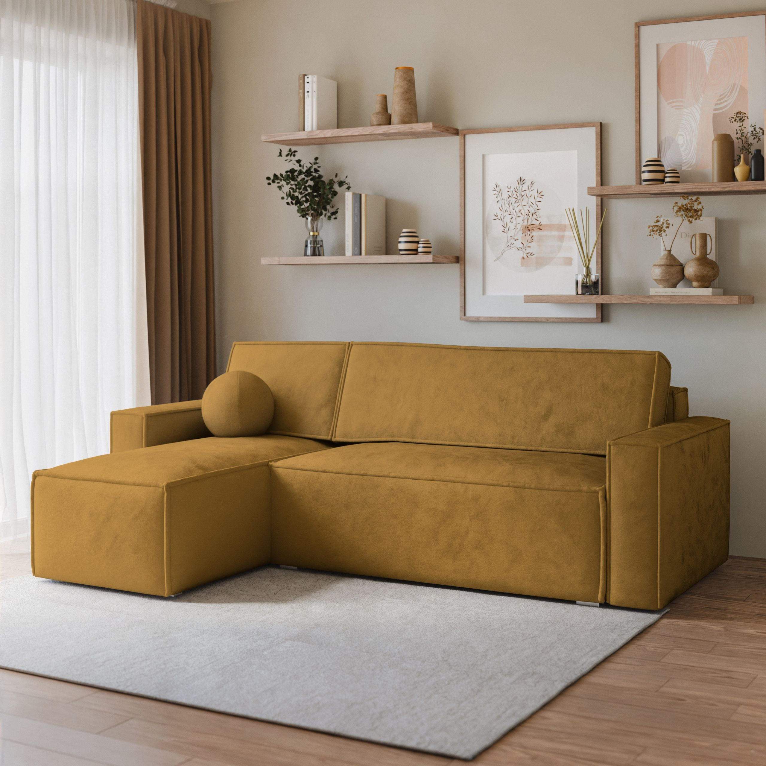 ECKSOFA RAVELO M Gelb Velours-Stoff mit Schlaffunktion - Gelb, Holz (240/140cm) - MASSENO
