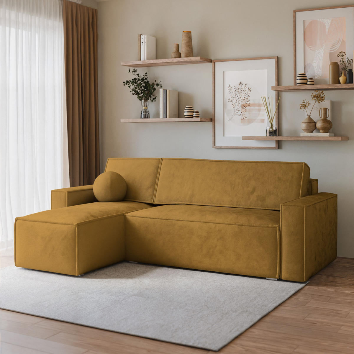 ECKSOFA RAVELO M Gelb Velours-Stoff mit Schlaffunktion - Gelb, Holz (240/140cm) - MASSENO