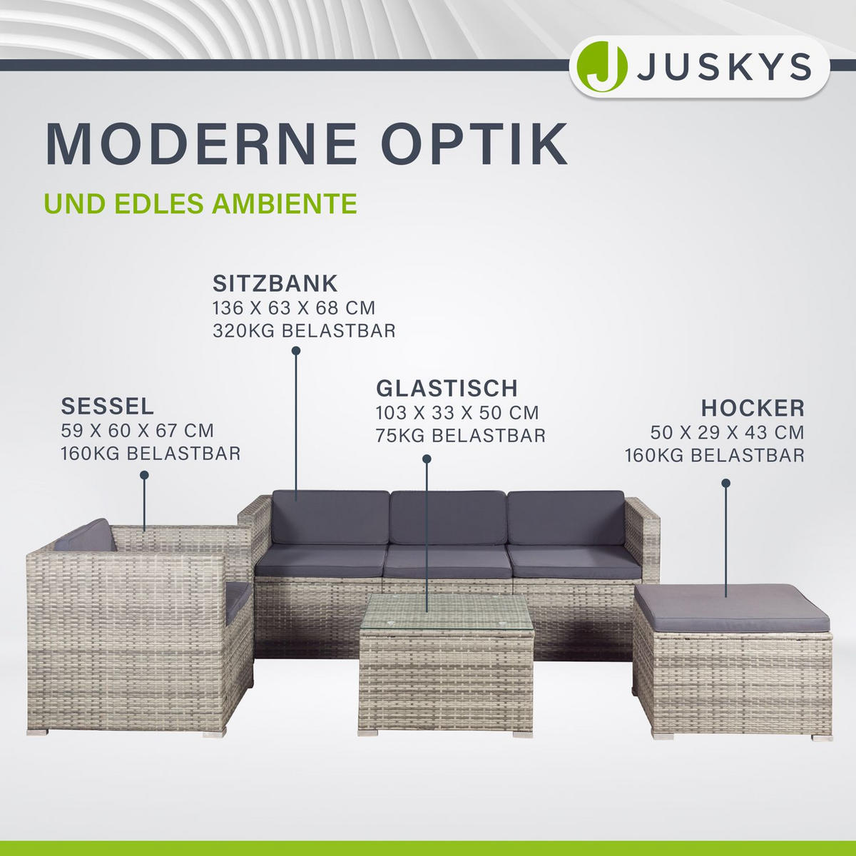 LOUNGEGARNITUR Punta Cana 4-tlg. - Beige/Grau, Kunststoff/Metall - Juskys