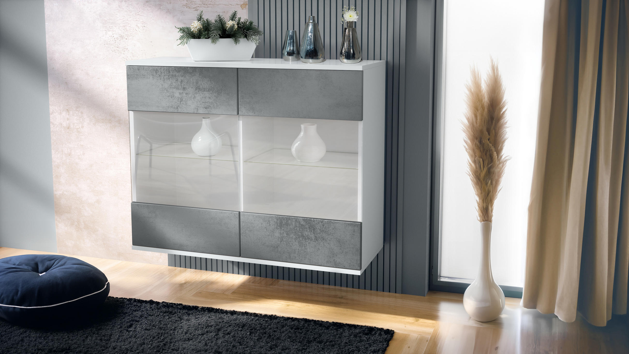 KOMMODE Bari Beton Dunkel Optik - Dunkelgrau, Holzwerkstoff (92.5/73.5/35cm) - Vladon