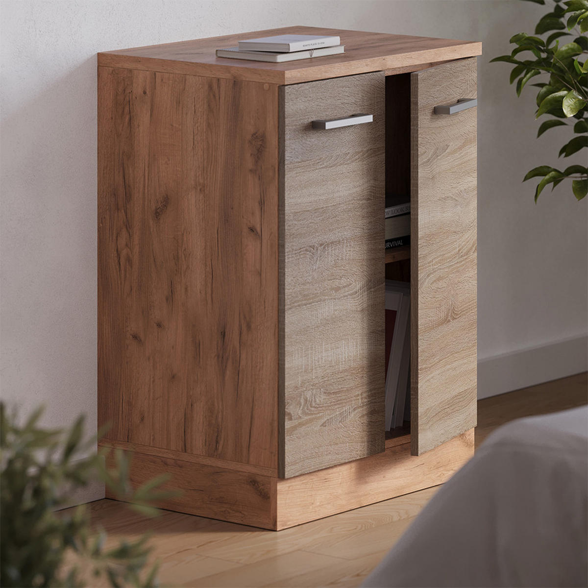 KUHINJSKA OMARA ZA POŠEVNE STREHE R-Line, Sonoma, 60 cm brez naklona z 2 vrati - hrast sonoma/medeni hrast, leseni material (60/83.8/46cm) - Vicco