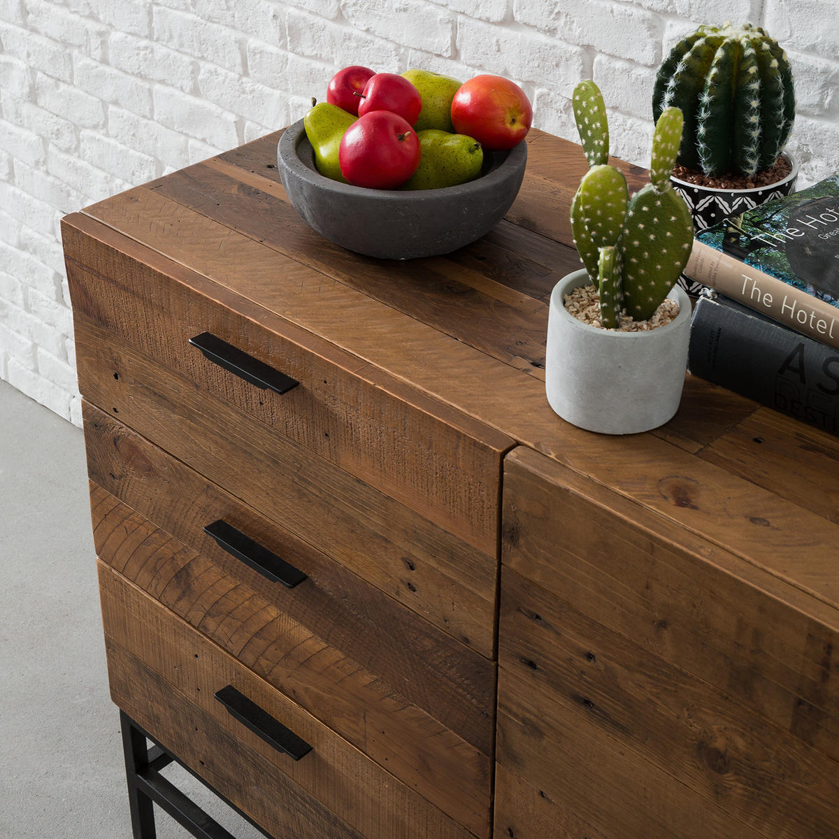 SIDEBOARD mit 2 Türen - Pinie massiv / Metall - Schwarz/Pinienfarben, Holz (160/80/45cm) - home24