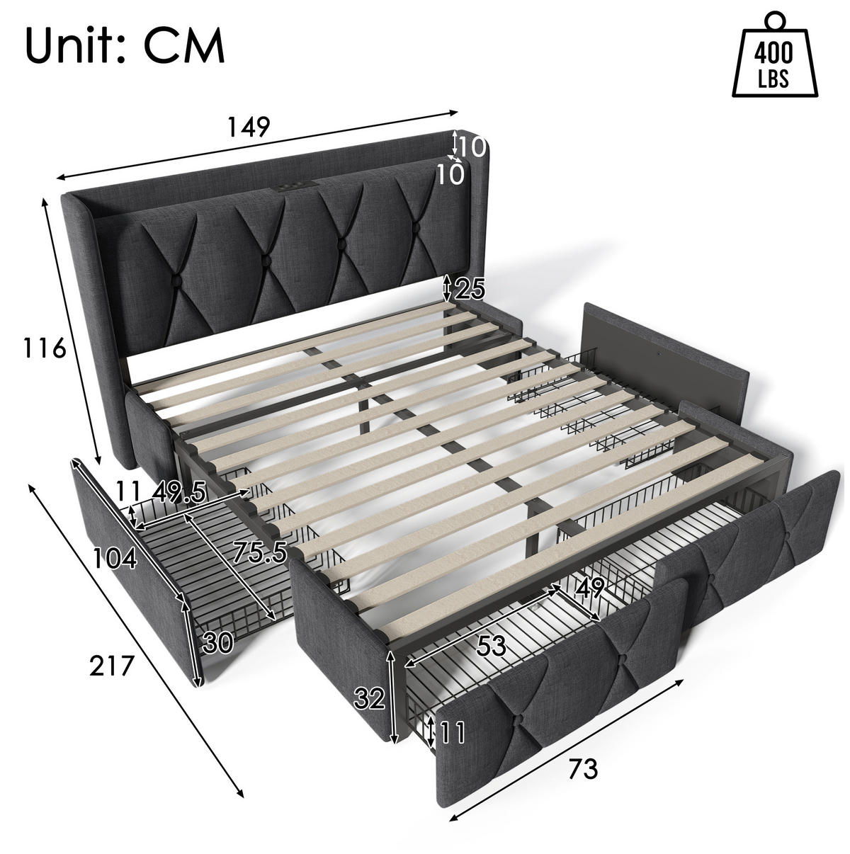 POLSTERBETT 140/200 cm Grau aus Leinen mit USB und 4 Schubladen - Grau, Textil (140/200cm) - OKMYHOME