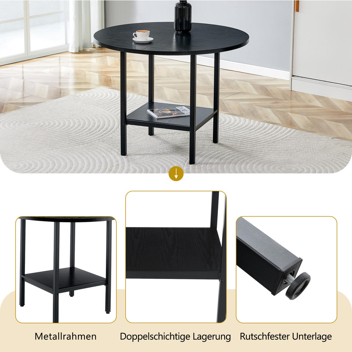 ESSTISCH Schwarz mit Ablagefach und Metallgestell 100/100/77 cm - Schwarz, Holz (100/100/77cm) - Oxeza