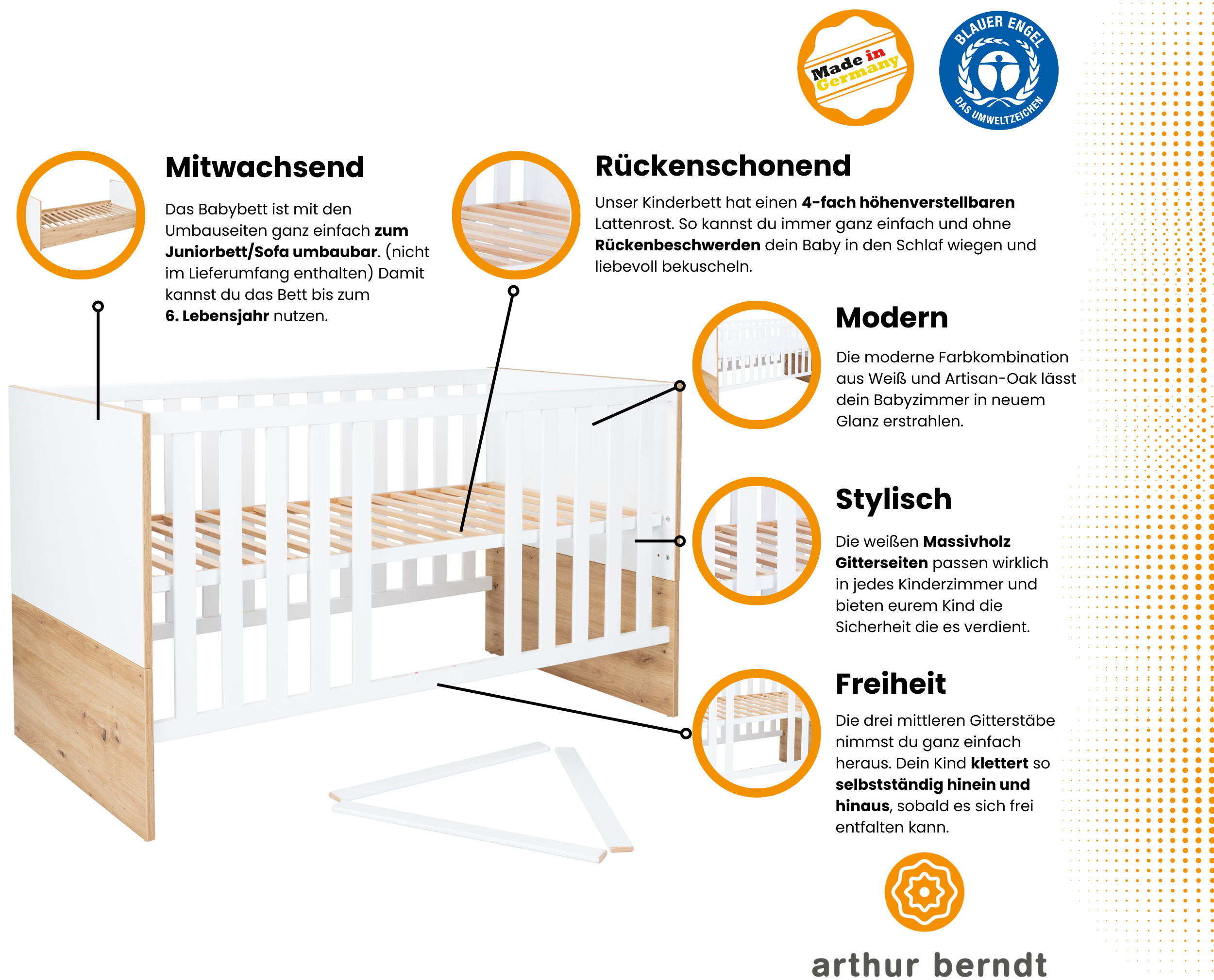 BABYBETT Maxim 70 x 140 cm 4x höhenverstellbar - Eiche Artisan/Weiß, Holz/Holzwerkstoff (70/140cm) - arthur berndt