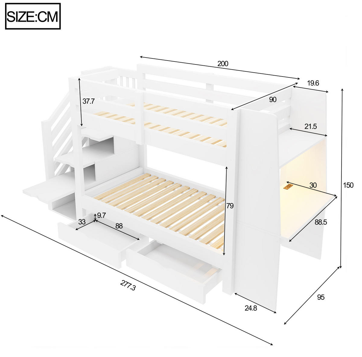 HOCHBETT aus Holz 90x200 cm Weiß mit Stauraumtreppe, Schreibtisch, LED-Beleuchtung und Schubladen - Weiß, Holz (90/200cm) - Modfu