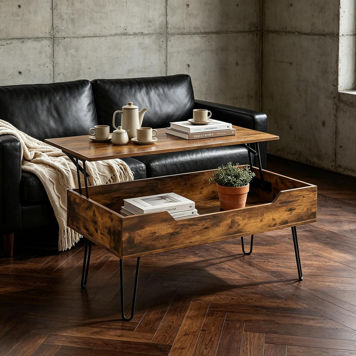 COUCHTISCH DE-37255 Lift-Top mit verstecktem Fach Rustikales Braun/Schwarz - Walnussfarben, Holzwerkstoff (95/50/40cm) - ComfortXL