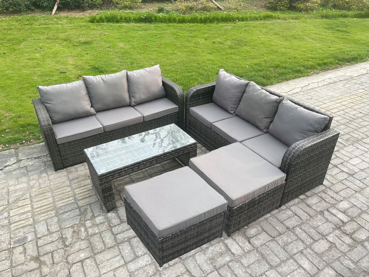 GARTENSOFA SET mit COUCHTISCH Polyrattan 8-Sitzer - Dunkelgrau/Grau, Glas/Kunststoff - Fimous