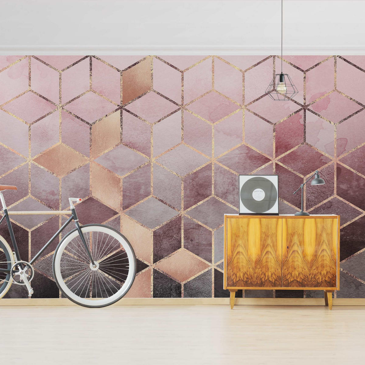 FOTOTAPETE Rosa Grau goldene Geometrie 288/190 cm - Rosa, Papier (288/190cm) - Bilderwelten
