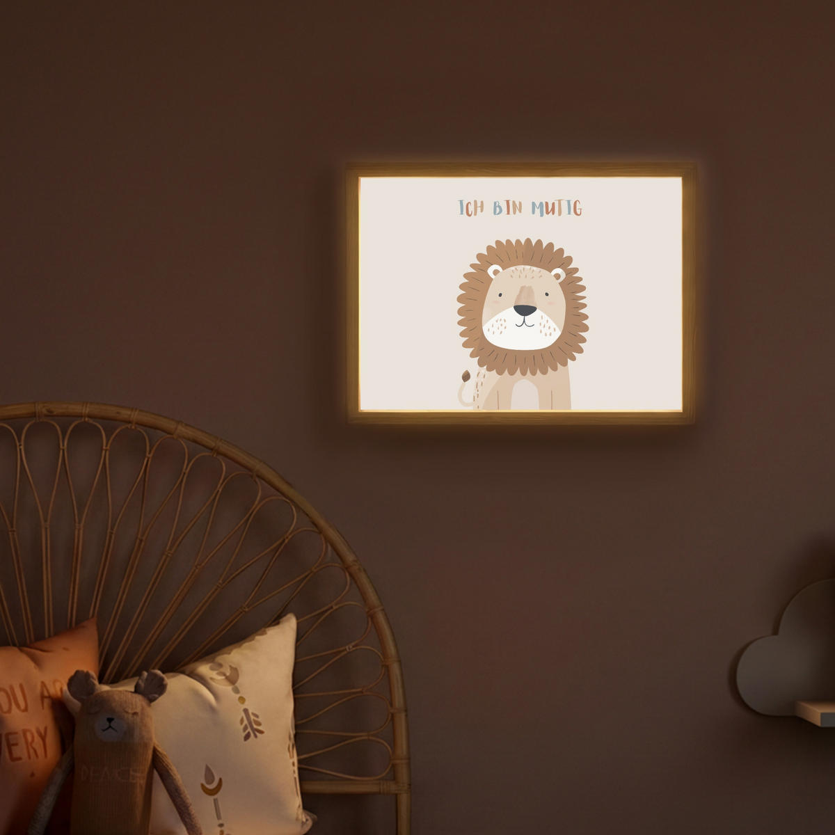NACHTTISCHLAMPE MIT AKKU Löwe - Beige - Tier - Mutig - Zitat 40x30 cm - Beige, Holzwerkstoff (8/40/30cm) - OnlyWow